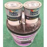 Two tins of Dulux Trade Diamond Eggshell 1l paint together with a tub of Homebase Waterproof