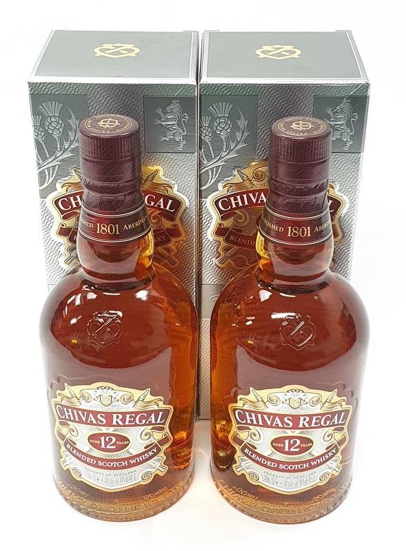 Two 70cl bottles of Chivas Regal 12Y Blended Scotch whiskey.