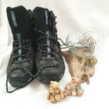 A pair of Salomon walking boots size 6.5 together with a wood and glass ornament and two cherished