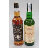 Two Bottles of Whisky: Royal Swan Scotch Whisky 70cl and Highland Black 8Y Scotch Whisky 70cl.