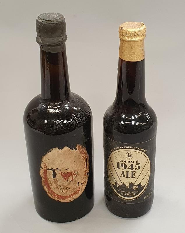 A bottle of Antique King's Ale sealed together with a bottle of Courage 1945 ale sealed.