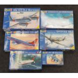 Revell six boxed model airplane kits: Hornisse Me 410 B-2, AV-8B Harrier, Fokker 100, Spitfire Mk.I,