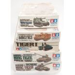 Tamiya a group of boxed 1/35th scale plastic kits (Military Tanks) to include Tiger I, King Tiger