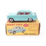 Dinky 155 Ford Anglia Saloon - turquoise, red interior, silver trim, chrome spun hubs - Good Plus in