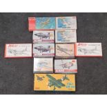 Collection of 11 boxed model airplane kits. Includes Fiat CR 42 "Falco", Aero 144 D.H. Mosquito B.