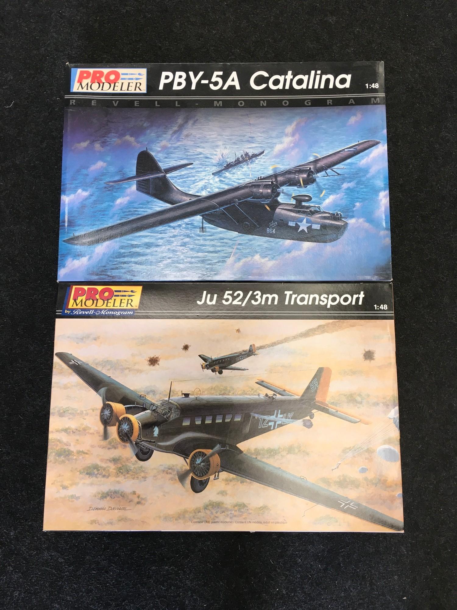 Pro Modeler two boxed model airplane kits: PBY-5A Catalina and Ju 52/3m Transport. Unchecked for