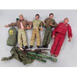 Three early flock haired Action Man dolls plus one other together with accessories.