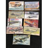 Airfix/Matchbox/Heller - 9 plastic aeroplane model kits to include Saab J-29 Tunnan, Saab Draken,