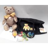 Steiff: white tag 662669 50th Anniversary Bear in carry bag together with four miniature birds.