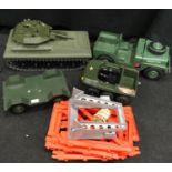 A collection of Action Man vehicles and an Action Man Training Tower. To include tank, jeep, trailer