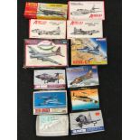 A collection of 12 small model kits to include Lincoln Vickers Viscount, Academy Phantom II and