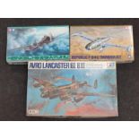 Tamiya Three boxed model aircraft kits: Republic F-84G Thunderjet, Heinkel He 219 A-7 UHU, Avro