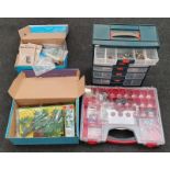 Box of model railway accessories to include plastic drawers or train wheels, tools, scenic items and