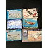 Six boxed model kits by various makers to include Mauve Curtiss P-40N Warhawk, G.W.H R.A.F TSR.2 and