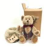 Merrythought ?Mortimer? teddy bear in box together with Merrythought Hedgehog pyjama case.