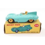 Dinky 238 Jaguar Type D Racing Car - turquoise, yellow figure driver and plastic hubs with black