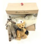 Steiff Teddy Bear with Little Donkey, white tag 670886, comprising mohair teddy bear wearing blue