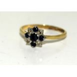 A Sapphire and Diamond ring, yellow metal (tests as 18ct gold) Size O. (Ref WP)