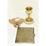A silver H/M cigarette case, Silver mother of pearl dish and brass candlestick. (W8)
