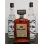 A bottle of Disaronno liqueur together with two bottles of co-op vodka ref 7, 11