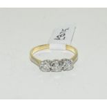 A diamond three stone approx 0.75 points, 18ct gold ring. Size N. (Ref WP)