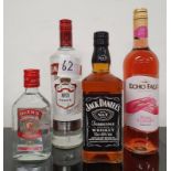 Four bottles of assorted alcohol to include Smirnoff Vodka, Echo Falls Rose Wine, Jack Daniel's