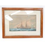 19th Century watercolour of a Schooner (possibly American Artist) in maple frame. 25" x 18.5".