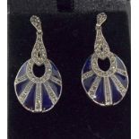 A pair of silver Marcasite and blue enamel set drop earrings.