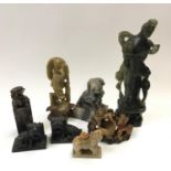 Collection of oriental soap stone figures. One stamped to base.