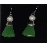 A pair of silver pearl and jadeite Art Deco style earrings.