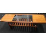 Retro G Plan 1.5m long teak coffee table with glass insert and slatted shelf underneath.