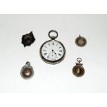 Silver pocket watch together with three silver fobs plus another