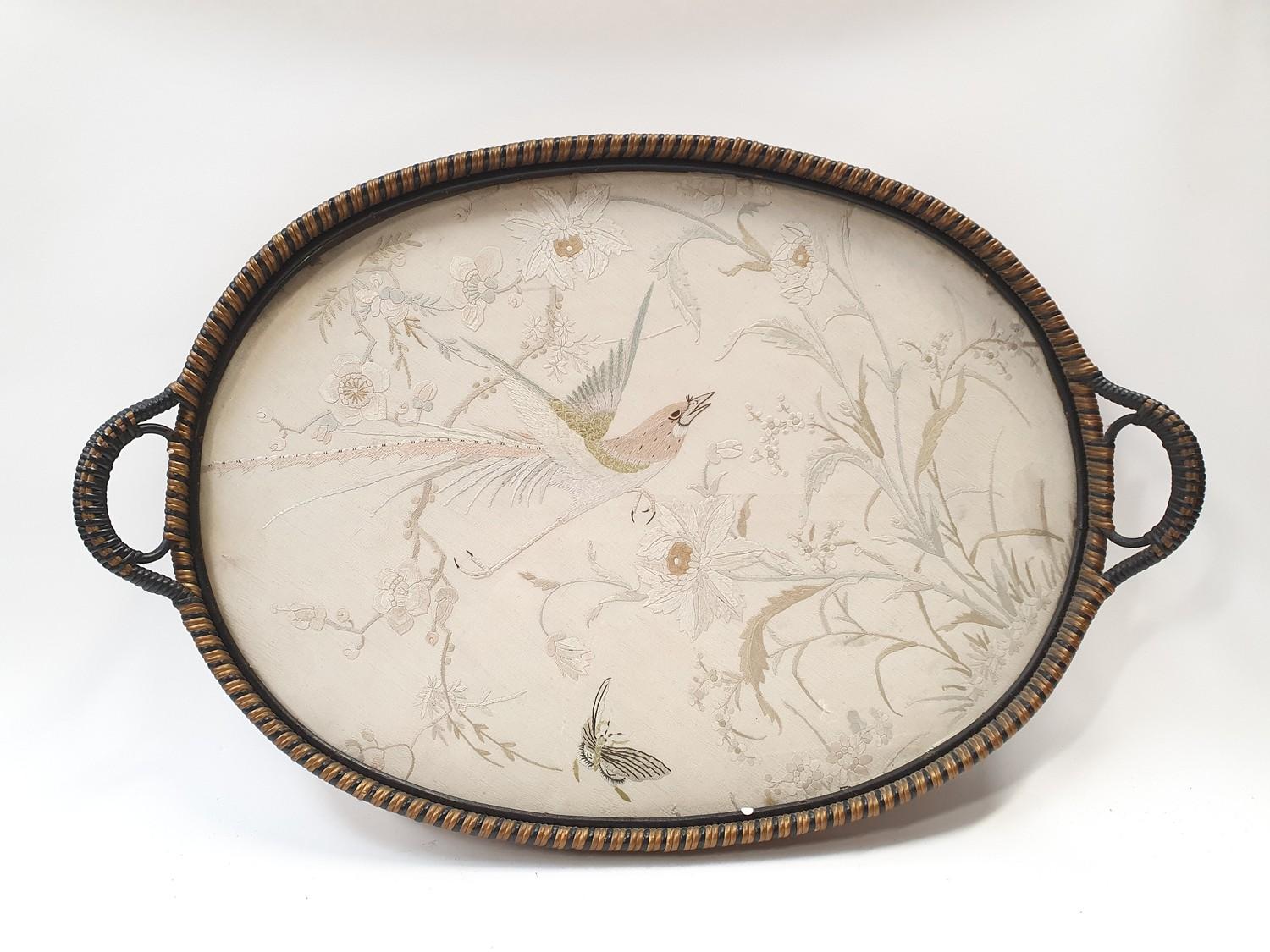 Large silk embroidered wooden tray with glass top