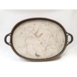 Large silk embroidered wooden tray with glass top