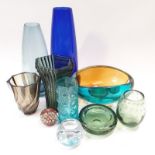 Mixed coloured glassware items to include paperweights.