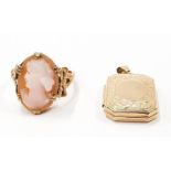 Ladies 9 carat gold cameo ring together a gold locket