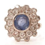 3ct diamond and sapphire daisy ring on 18ct gold, size O.