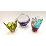 A collection of three modern art glass coloured vases.