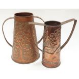 Two twin handled copper embossed vases in the Keswick style