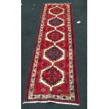 Good quality Azari runner, red and cream. 335 x 105 cm