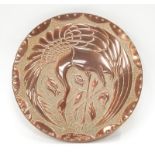 A copper wall tray "splendour in wings" signed to the back