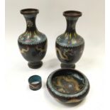 Pair of cloisonne vases together with a matching bowl and serviette ring.