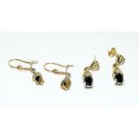 Two pairs of 9ct gold diamond and sapphire earrings.