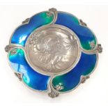 Pewter and enamel centre bowl in the liberty Style depicting a young lady