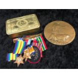 1914 Christmas tin containing assorted ribbons, medals, badge etc with Death Penny to Frederick