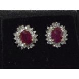 A pair of good Ruby and Diamond cluster earrings, over 2.5ct.