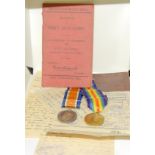 Of military interest WWI medals and corresponding paperwork including paper letters to the family in