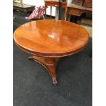 Victorian mahogany tip top breakfast table on claw supports.
