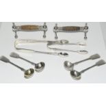 Two pairs of silver hallmarked sugar nips for silver hallmarks mustard spoons and a pair of knife