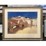 A large framed picture of an Italian river scene. 140x120cm.
